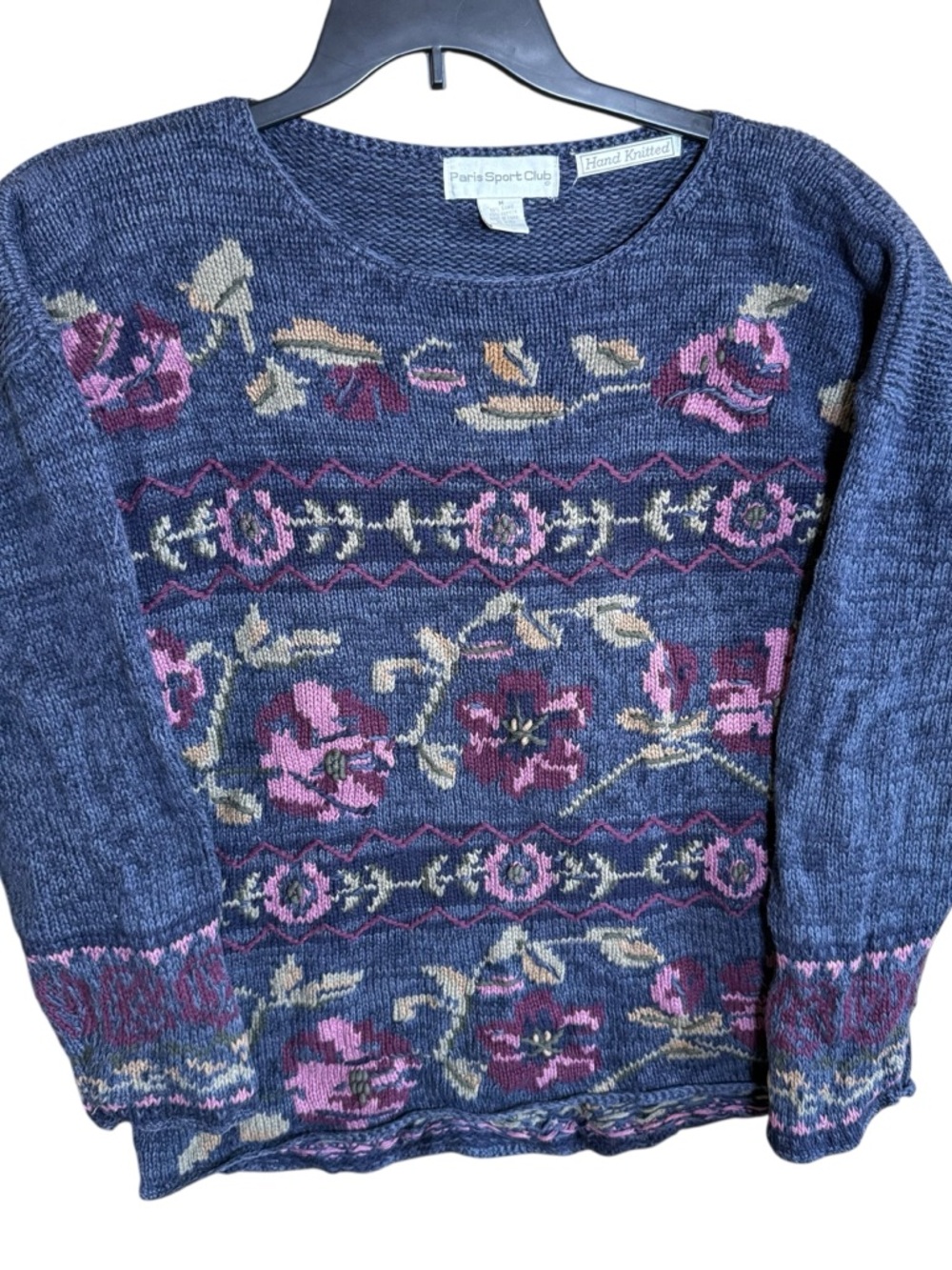 Vintage Paris Sport Club Hand Knitted Cottagecore Floral Ramie Cotton Sweater- M